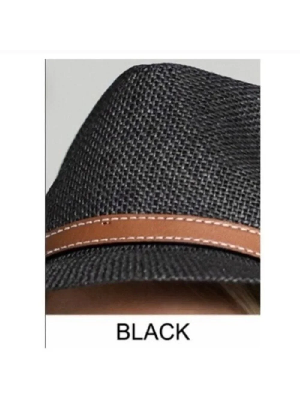 Black Fedora Hat W/ Brown Faux Leather Band Lightweight Woven Design-NEW